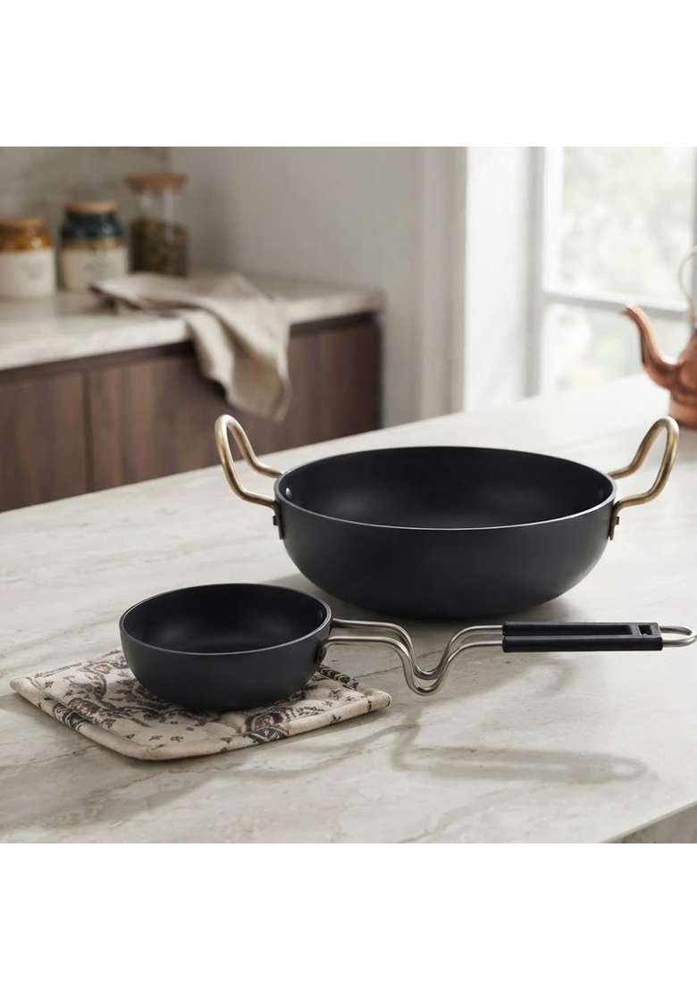 DOZY Iron Kadhai Wok and Tadka Pan | Pack of 2 - Indya