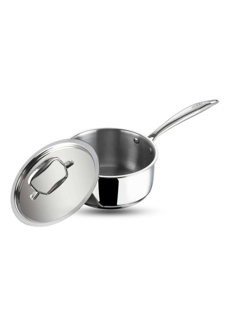 Vinod Platinum Triply Stainless Steel Saucepan with Lid | 1.2 L | 1.3 Qt | 14 cm | 5.5 Inch | Induction Compatible | Heavy Bottom - Indya