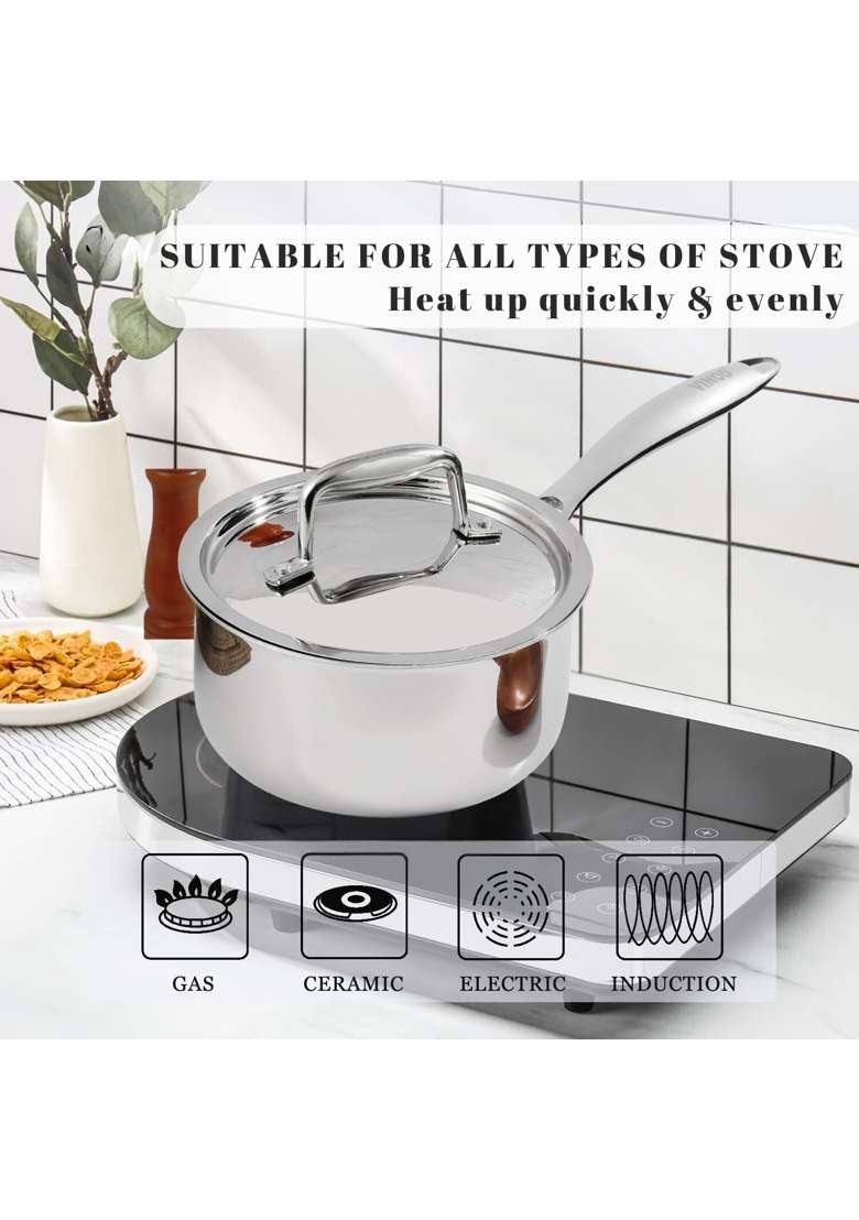 Vinod Platinum Triply Stainless Steel Saucepan with Lid | 1.2 L | 1.3 Qt | 14 cm | 5.5 Inch | Induction Compatible | Heavy Bottom - Indya