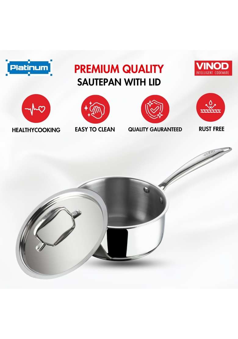 Vinod Platinum Triply Stainless Steel Saucepan with Lid | 1.2 L | 1.3 Qt | 14 cm | 5.5 Inch | Induction Compatible | Heavy Bottom - Indya