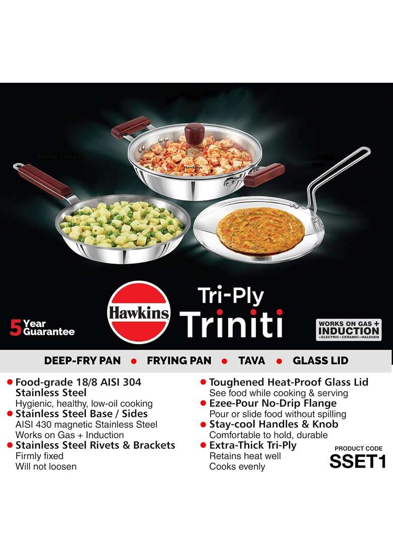 Hawkins Triniti Triply Stainless Steel Cookware Set | 3-Piece Set | With Lid - Indya