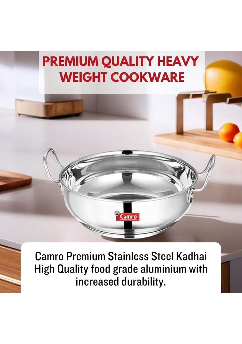 CAMRO Kadhai Wok Induction Bottom Stainless Steel | 4.5 L | 4.8 Qt - Indya