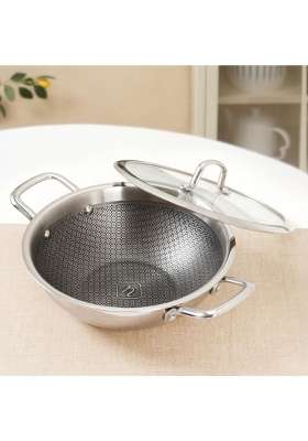 Nestasia Triply Stainless Steel Honeycomb Kadai Wok with Glass Lid | 3 L | 3.2 Qt | 24 cm | 9.4 Inch | Induction Compatible | Non-Stick