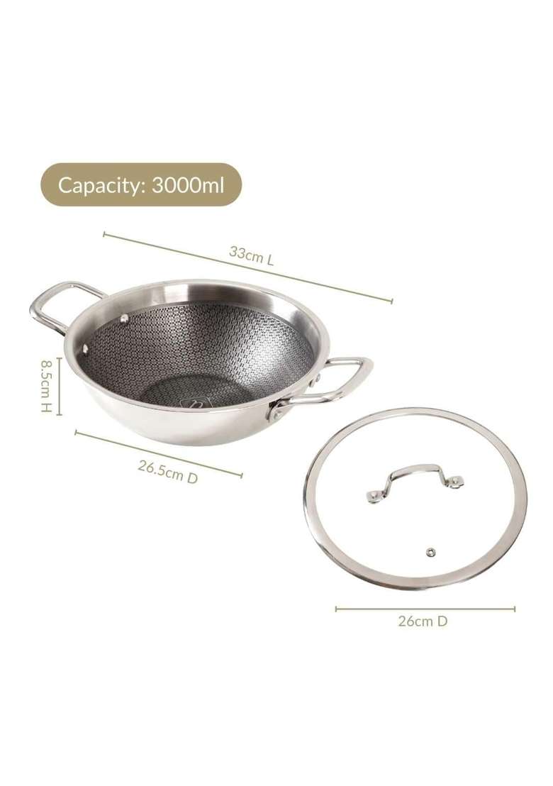 Nestasia Triply Stainless Steel Honeycomb Kadai Wok with Glass Lid | 3 L | 3.2 Qt | 24 cm | 9.4 Inch | Induction Compatible | Non-Stick - Indya