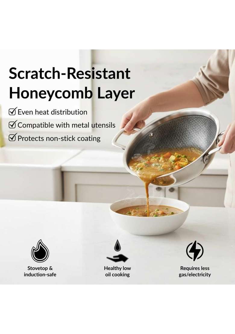 Nestasia Triply Stainless Steel Honeycomb Kadai Wok with Glass Lid | 3 L | 3.2 Qt | 24 cm | 9.4 Inch | Induction Compatible | Non-Stick - Indya