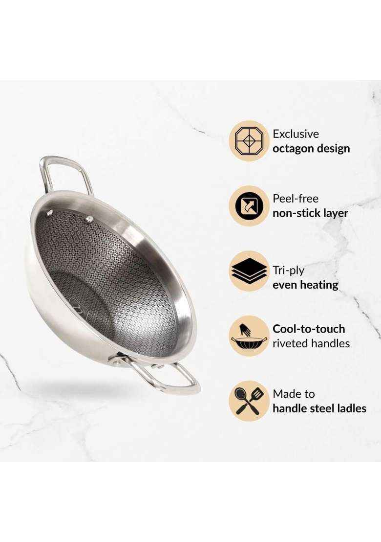 Nestasia Triply Stainless Steel Honeycomb Kadai Wok with Glass Lid | 3 L | 3.2 Qt | 24 cm | 9.4 Inch | Induction Compatible | Non-Stick - Indya