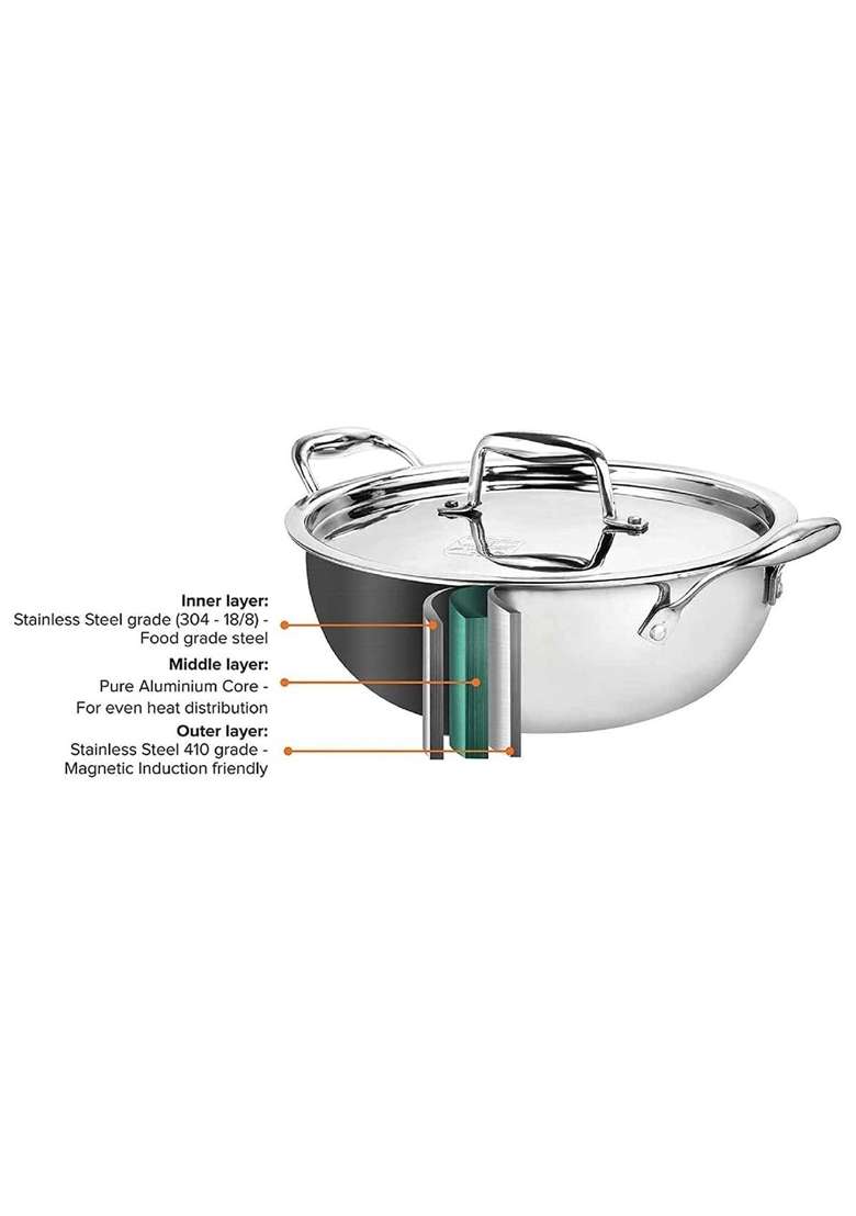 SIGNORA WARE Signoraware Artista Triply Induction Shallow Kadhai Wok | 2.5 L | 2.6 Qt | 24 cm | 9.4 Inch | With Lid | Food Safe - Indya