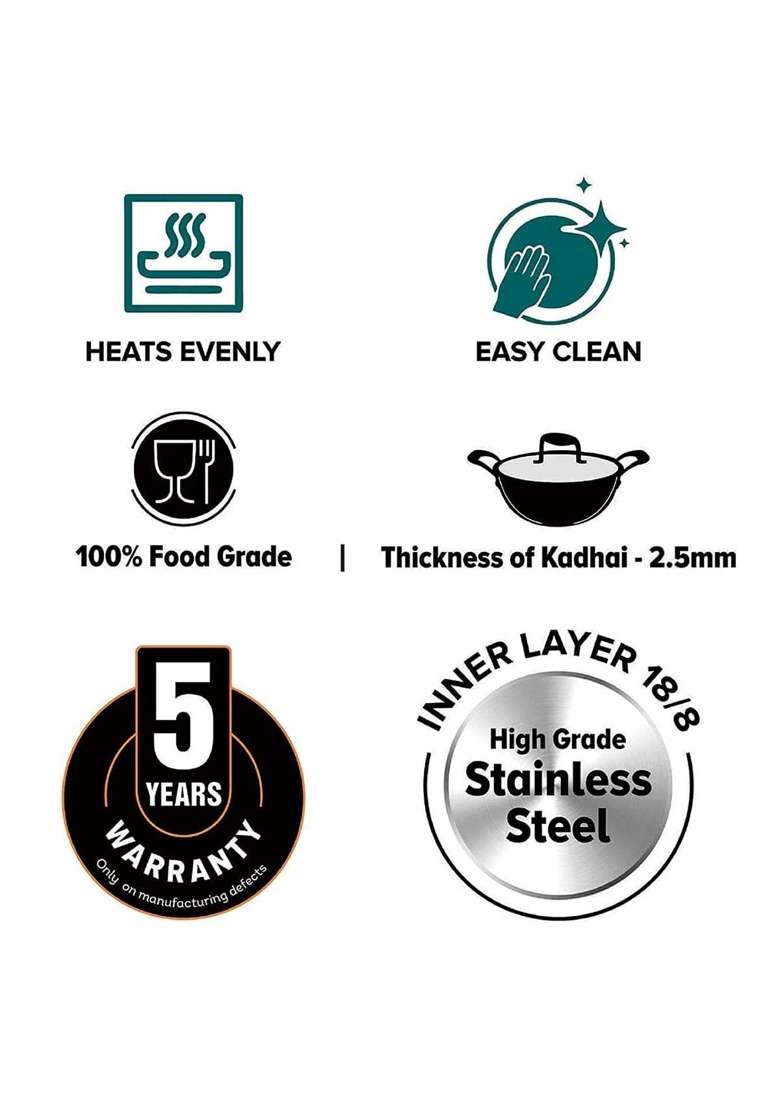 SIGNORA WARE Signoraware Artista Triply Induction Shallow Kadhai Wok | 2.5 L | 2.6 Qt | 24 cm | 9.4 Inch | With Lid | Food Safe - Indya
