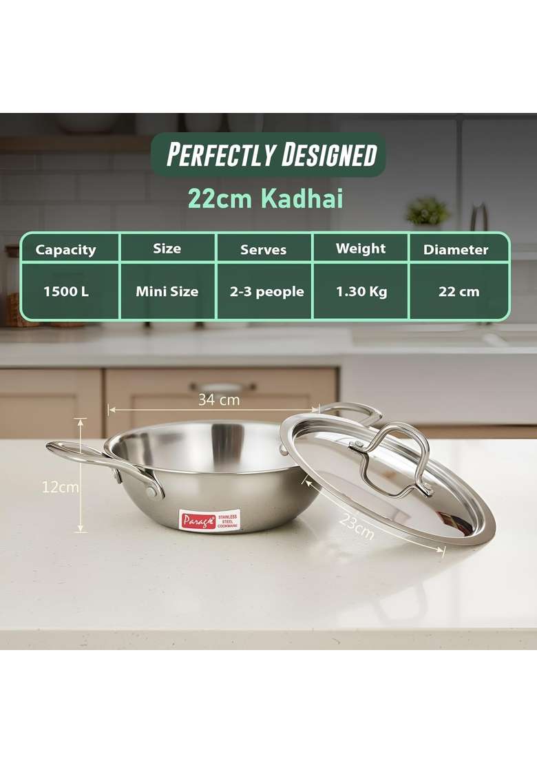 Parage Triply Stainless Steel Kadai Wok with Lid | 1.5 L | 1.6 Qt | 22 cm | 8.7 Inch | Induction Compatible | Heavy Bottom - Indya