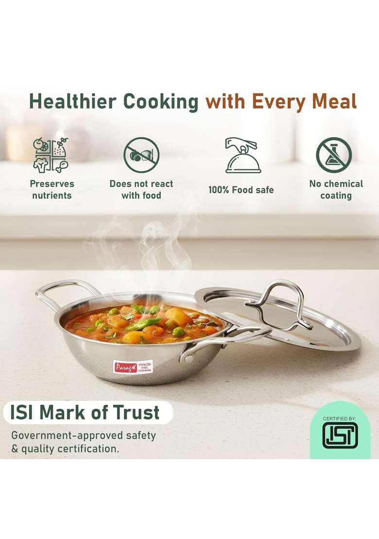 Parage Triply Stainless Steel Kadai Wok with Lid | 1.5 L | 1.6 Qt | 22 cm | 8.7 Inch | Induction Compatible | Heavy Bottom - Indya