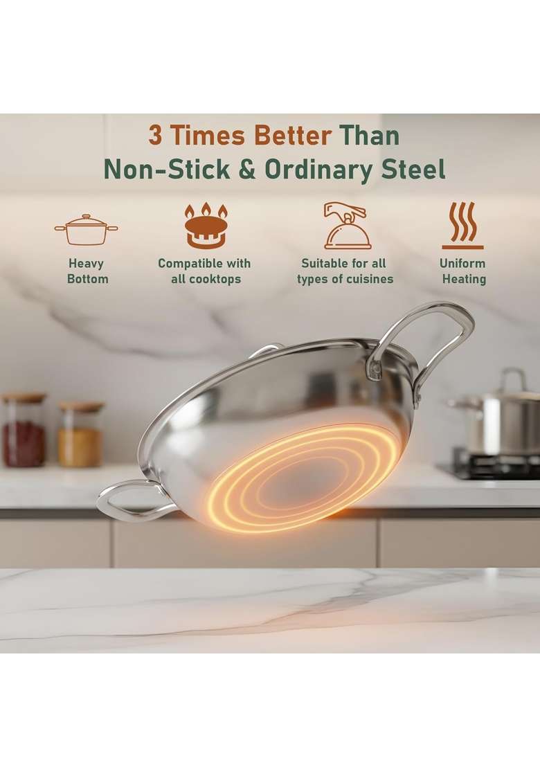 Parage Triply Stainless Steel Kadai Wok with Lid | 1.5 L | 1.6 Qt | 22 cm | 8.7 Inch | Induction Compatible | Heavy Bottom - Indya