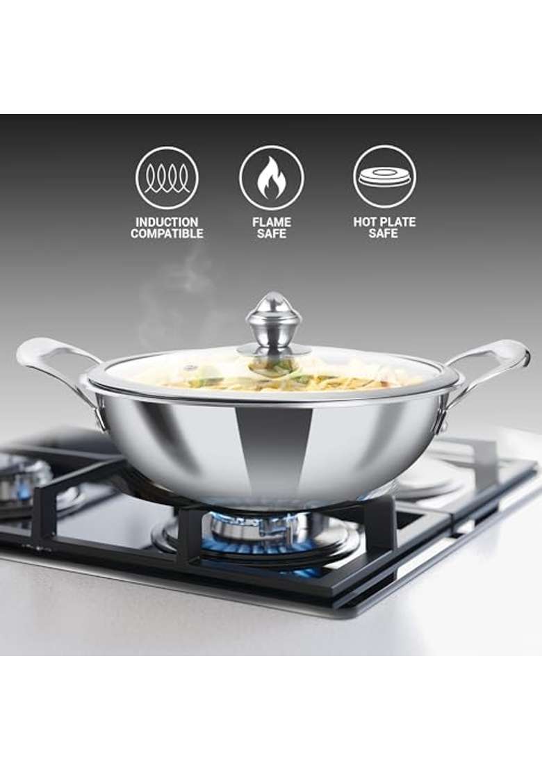 MILTON Pro cook Induction Cookware and Gas Stove Friendly Triply Stainless Steel Hexa Tech | 28 cm | 11 Inch | Non-Stick | With Lid - Indya