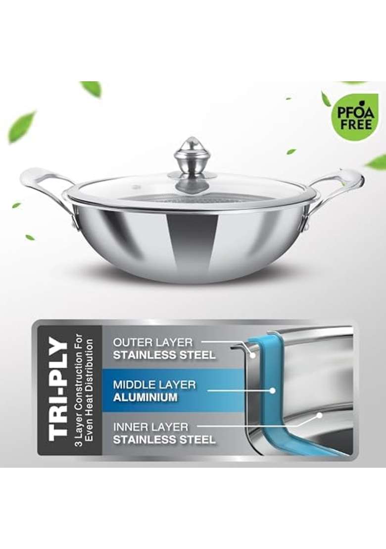 MILTON Pro cook Induction Cookware and Gas Stove Friendly Triply Stainless Steel Hexa Tech | 28 cm | 11 Inch | Non-Stick | With Lid - Indya