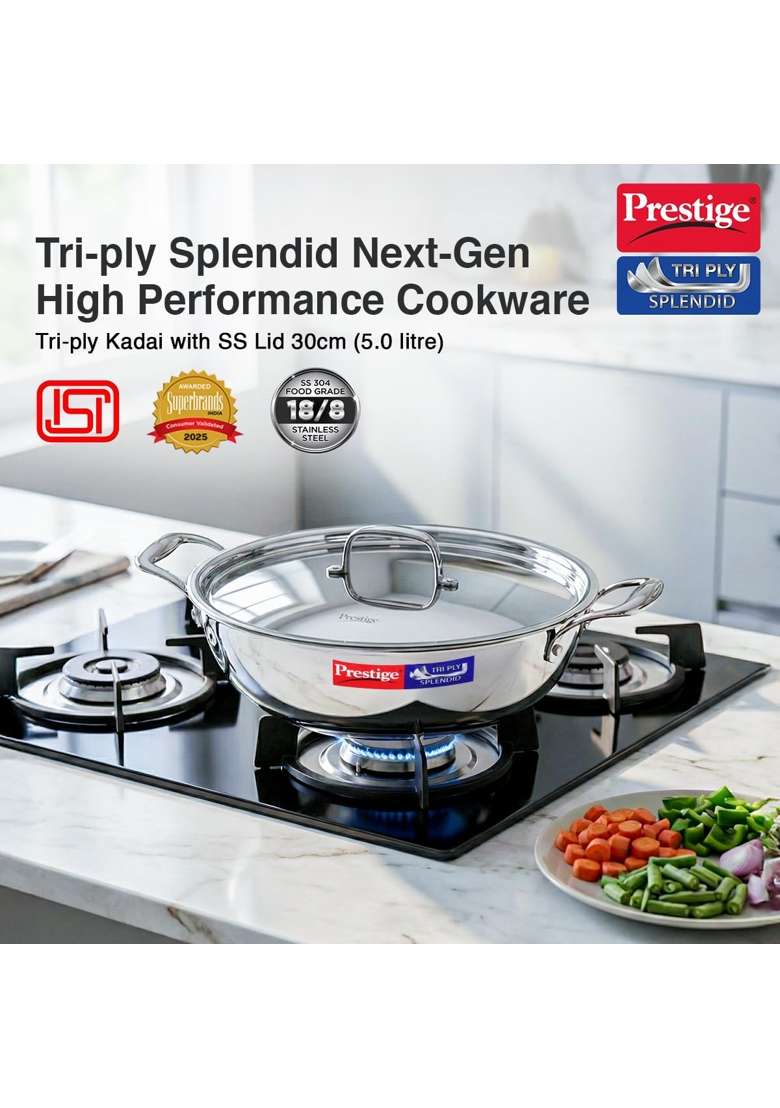 Prestige Tri-Ply Stainless Steel Splendid Kadai Wok with Lid | 5 L | 5.3 Qt | 30 cm | 11.8 Inch | Induction Compatible - Indya