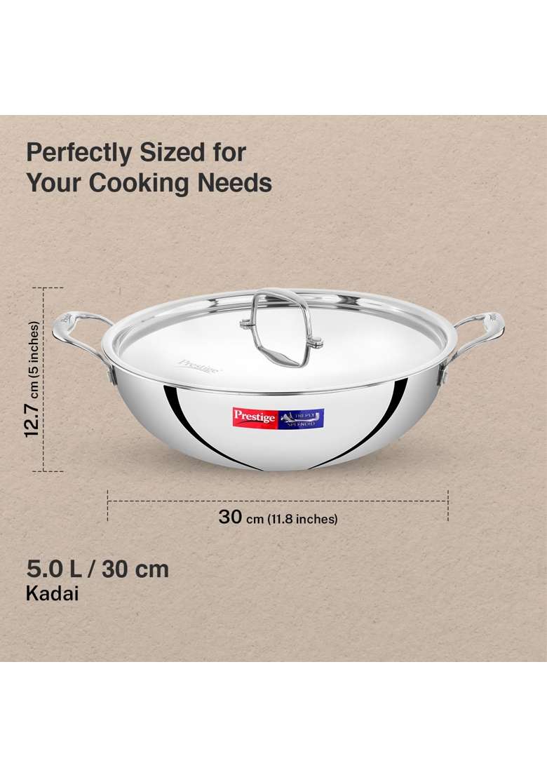 Prestige Tri-Ply Stainless Steel Splendid Kadai Wok with Lid | 5 L | 5.3 Qt | 30 cm | 11.8 Inch | Induction Compatible - Indya