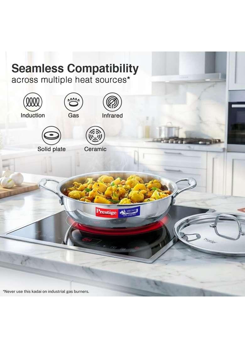 Prestige Tri-Ply Stainless Steel Splendid Kadai Wok with Lid | 5 L | 5.3 Qt | 30 cm | 11.8 Inch | Induction Compatible - Indya