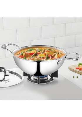 Borosil Cookfresh Tri-ply Stainless Steel Deep Kadhai | 2.5 L | 2.6 Qt | 22 cm | 8.7 Inch | Induction Compatible | Food Safe
