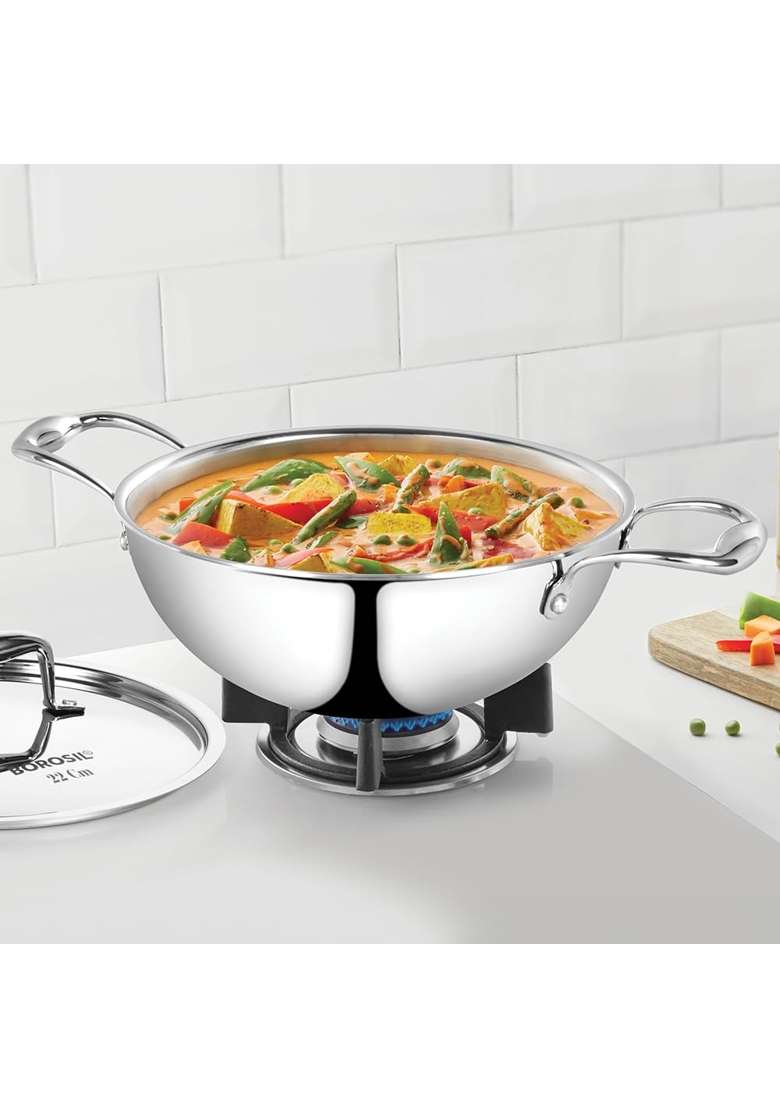 Borosil Cookfresh Tri-ply Stainless Steel Deep Kadhai | 2.5 L | 2.6 Qt | 22 cm | 8.7 Inch | Induction Compatible | Food Safe - Indya