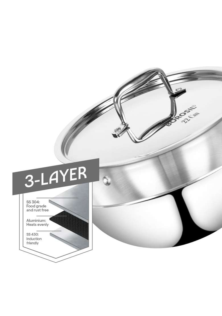 Borosil Cookfresh Tri-ply Stainless Steel Deep Kadhai | 2.5 L | 2.6 Qt | 22 cm | 8.7 Inch | Induction Compatible | Food Safe - Indya