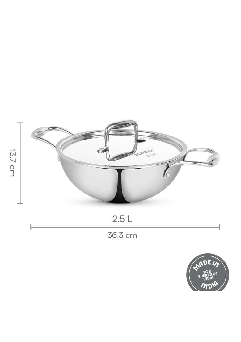 Borosil Cookfresh Tri-ply Stainless Steel Deep Kadhai | 2.5 L | 2.6 Qt | 22 cm | 8.7 Inch | Induction Compatible | Food Safe - Indya