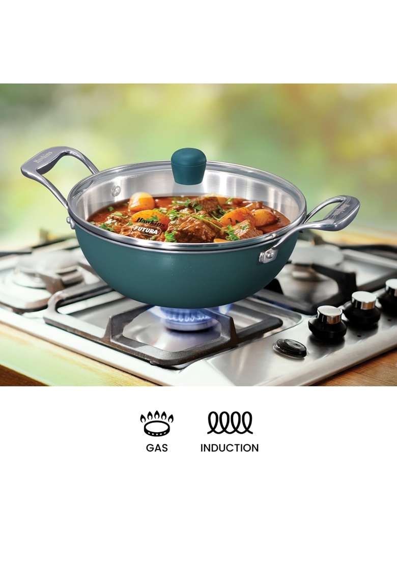 Hawkins Triply Stainless Steel Olive Kadhai Wok | 2.5 L | 2.6 Qt | Induction Compatible | With Lid - Indya