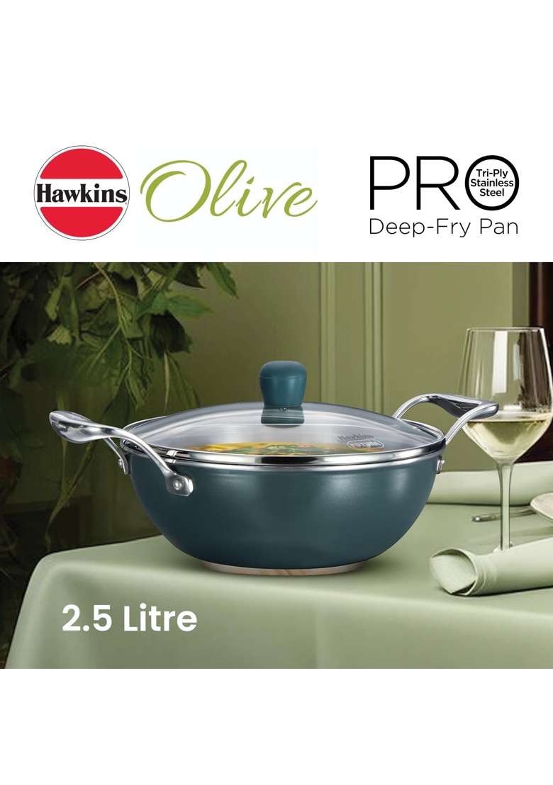 Hawkins Triply Stainless Steel Olive Kadhai Wok | 2.5 L | 2.6 Qt | Induction Compatible | With Lid - Indya