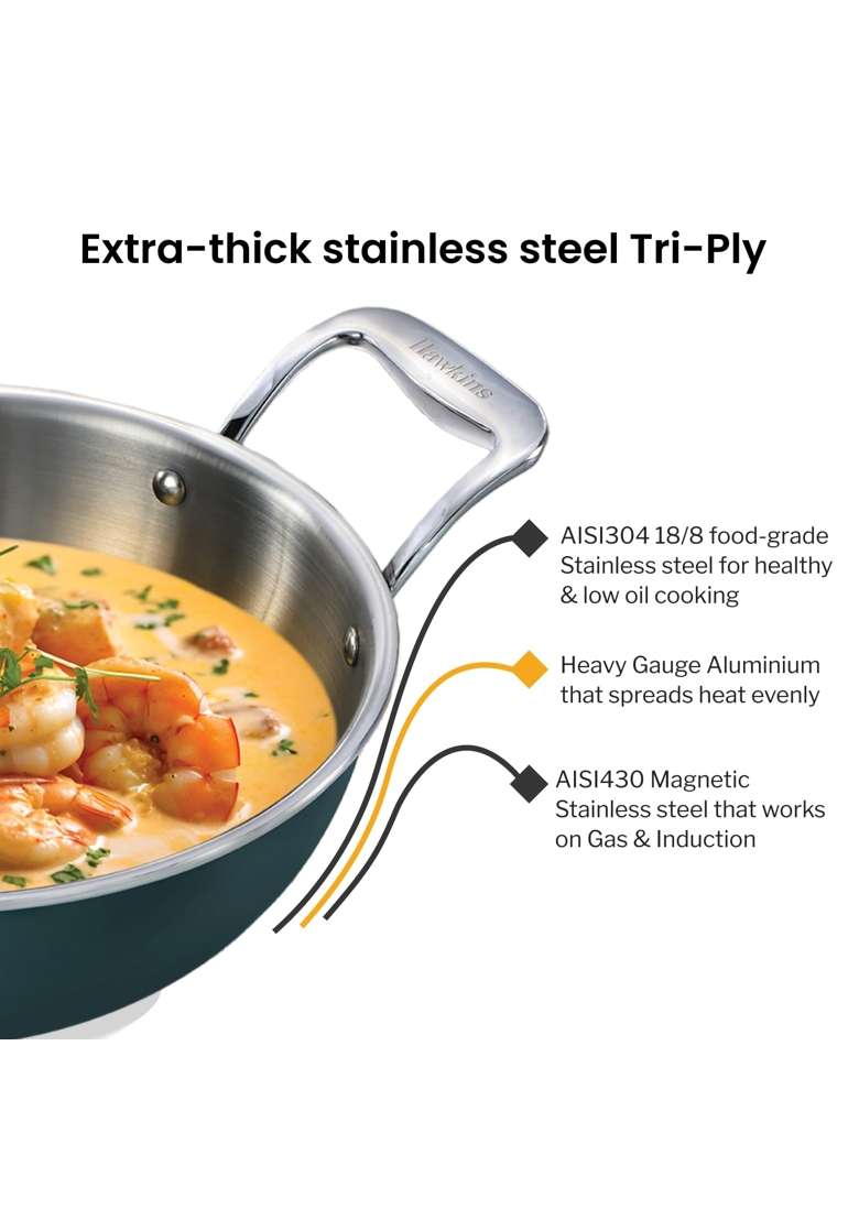 Hawkins Triply Stainless Steel Olive Kadhai Wok | 2.5 L | 2.6 Qt | Induction Compatible | With Lid - Indya
