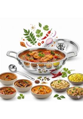 EURO style Stainless Steel Triply Kadai Wok with Lid | 1.5 L | 1.6 Qt | 22 cm | 8.7 Inch | Induction Compatible