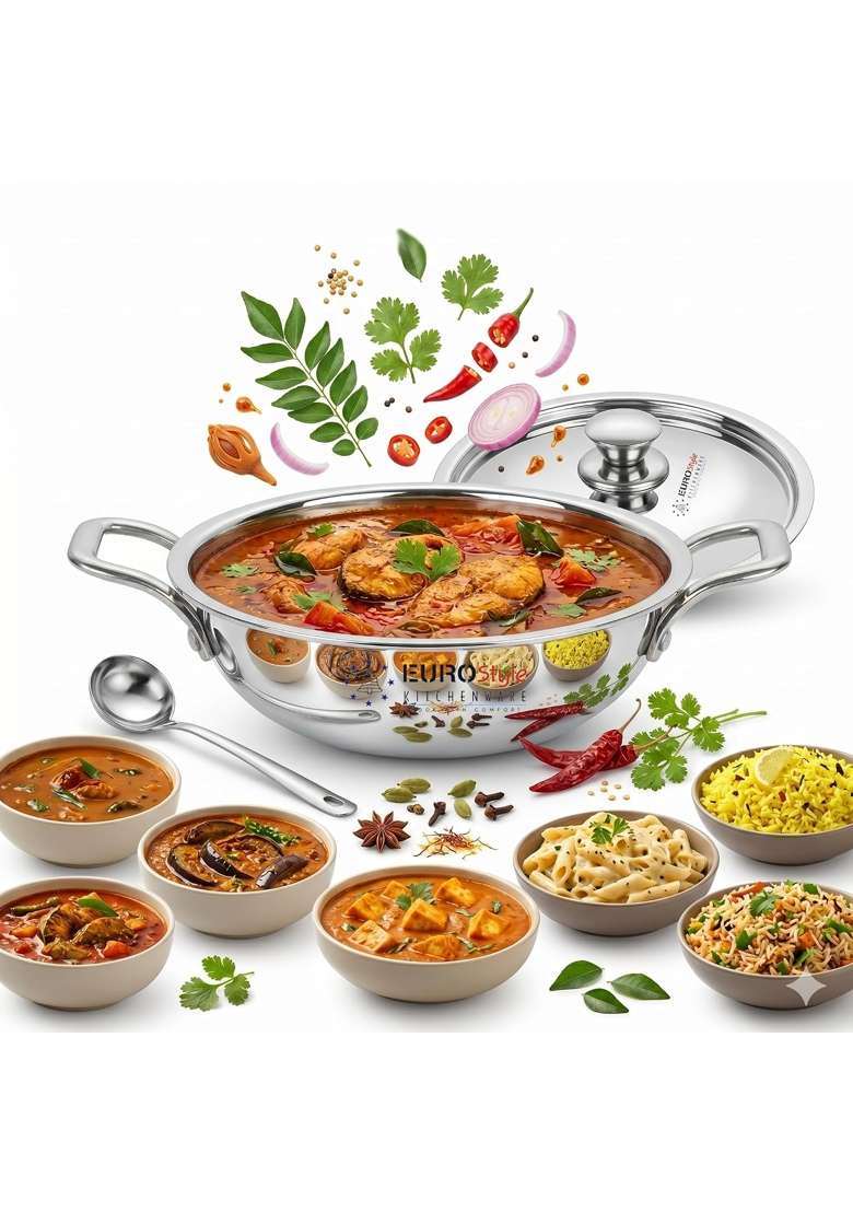 EURO style Stainless Steel Triply Kadai Wok with Lid | 1.5 L | 1.6 Qt | 22 cm | 8.7 Inch | Induction Compatible - Indya