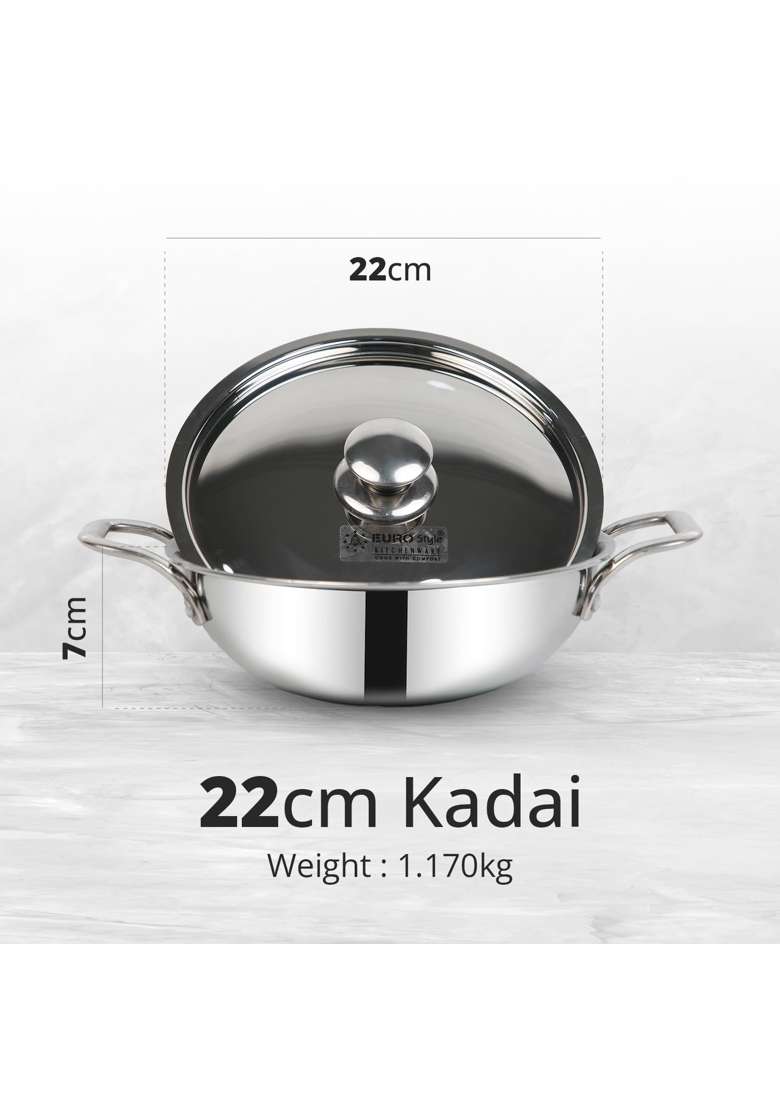 EURO style Stainless Steel Triply Kadai Wok with Lid | 1.5 L | 1.6 Qt | 22 cm | 8.7 Inch | Induction Compatible - Indya