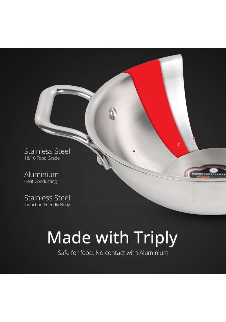 EURO style Stainless Steel Triply Kadai Wok with Lid | 1.5 L | 1.6 Qt | 22 cm | 8.7 Inch | Induction Compatible - Indya