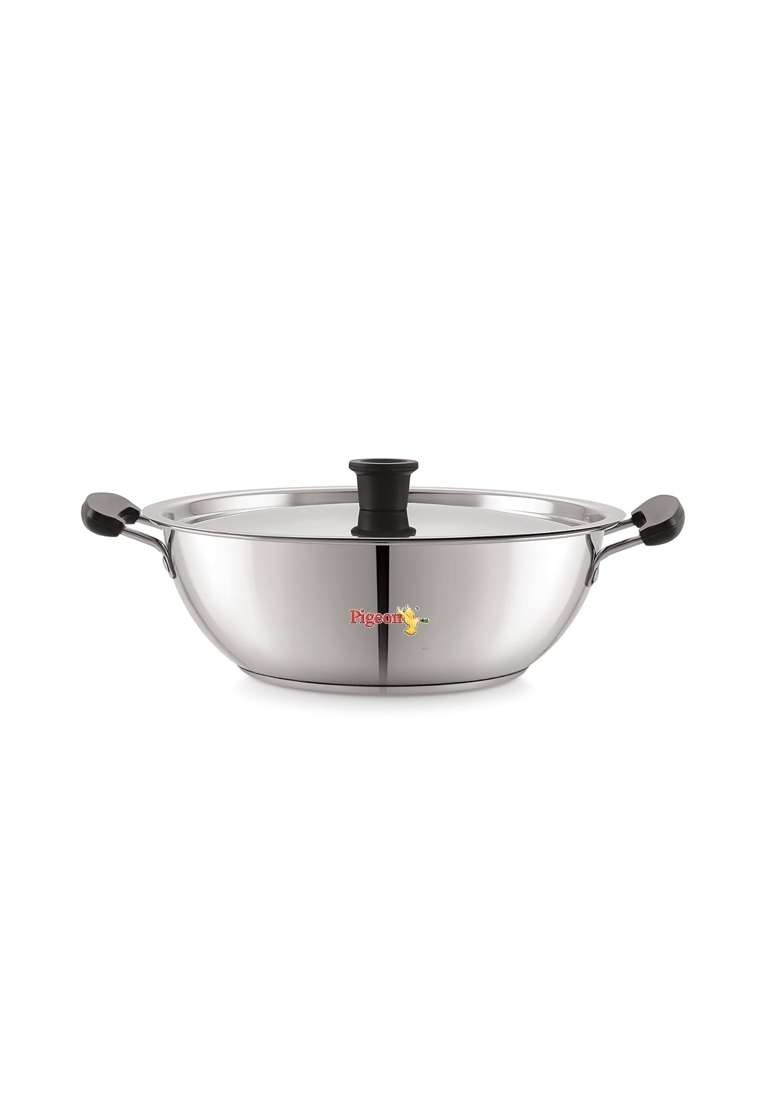 Pigeon -Triply Stainless Steel Kadai Wok with Lid | 3 L | 3.2 Qt | 24 cm | 9.4 Inch | Induction Compatible | Heavy Bottom - Indya