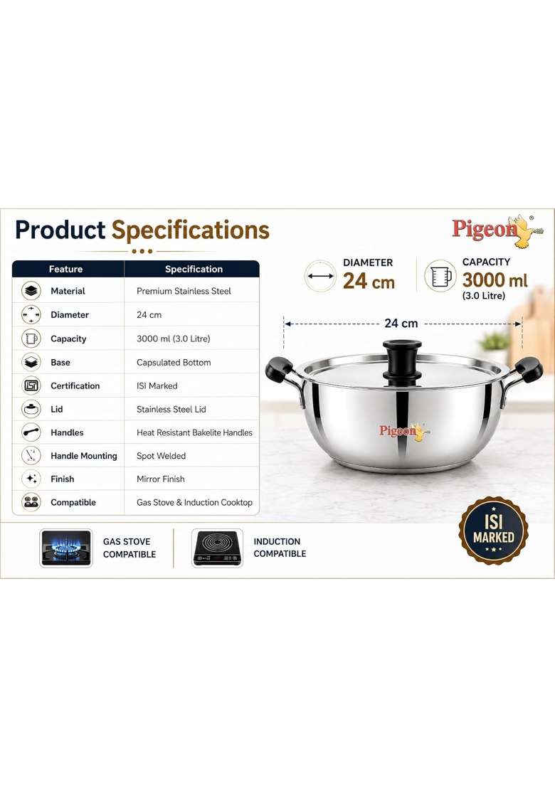 Pigeon -Triply Stainless Steel Kadai Wok with Lid | 3 L | 3.2 Qt | 24 cm | 9.4 Inch | Induction Compatible | Heavy Bottom - Indya