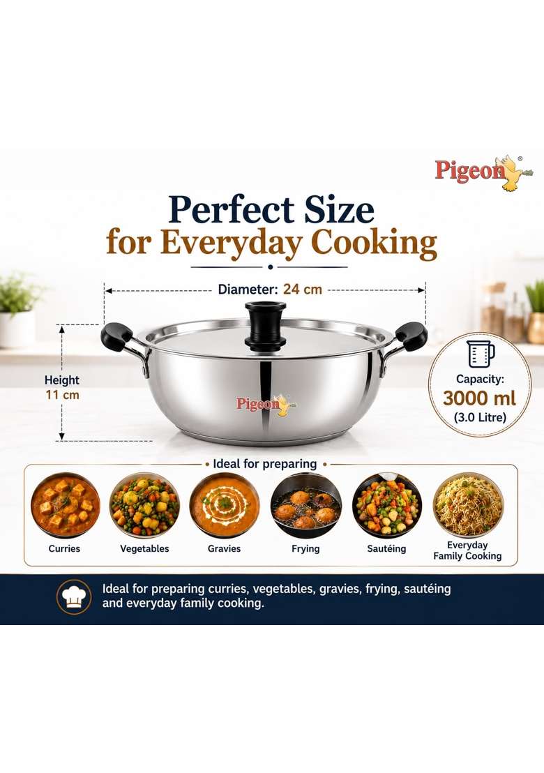 Pigeon -Triply Stainless Steel Kadai Wok with Lid | 3 L | 3.2 Qt | 24 cm | 9.4 Inch | Induction Compatible | Heavy Bottom - Indya