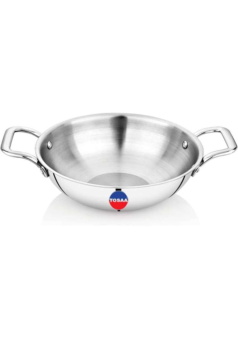 Tosaa Triply Stainless Steel Kadai Wok | 1600 ml | 54.1 fl oz | 22 cm | 8.7 Inch - Indya