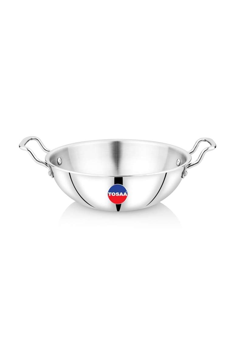 Tosaa Triply Stainless Steel Kadai Wok | 1600 ml | 54.1 fl oz | 22 cm | 8.7 Inch - Indya