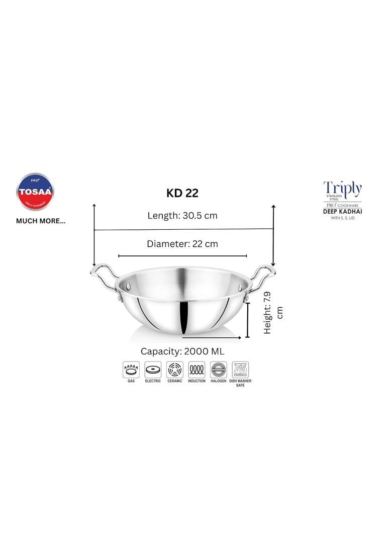 Tosaa Triply Stainless Steel Kadai Wok | 1600 ml | 54.1 fl oz | 22 cm | 8.7 Inch - Indya