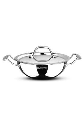 BERGNER Argent Junior Chef Triply Kadai Wok with Stainless Steel Lid | 1.5 L | 1.6 Qt | 18 cm | 7.1 Inch | Induction Compatible