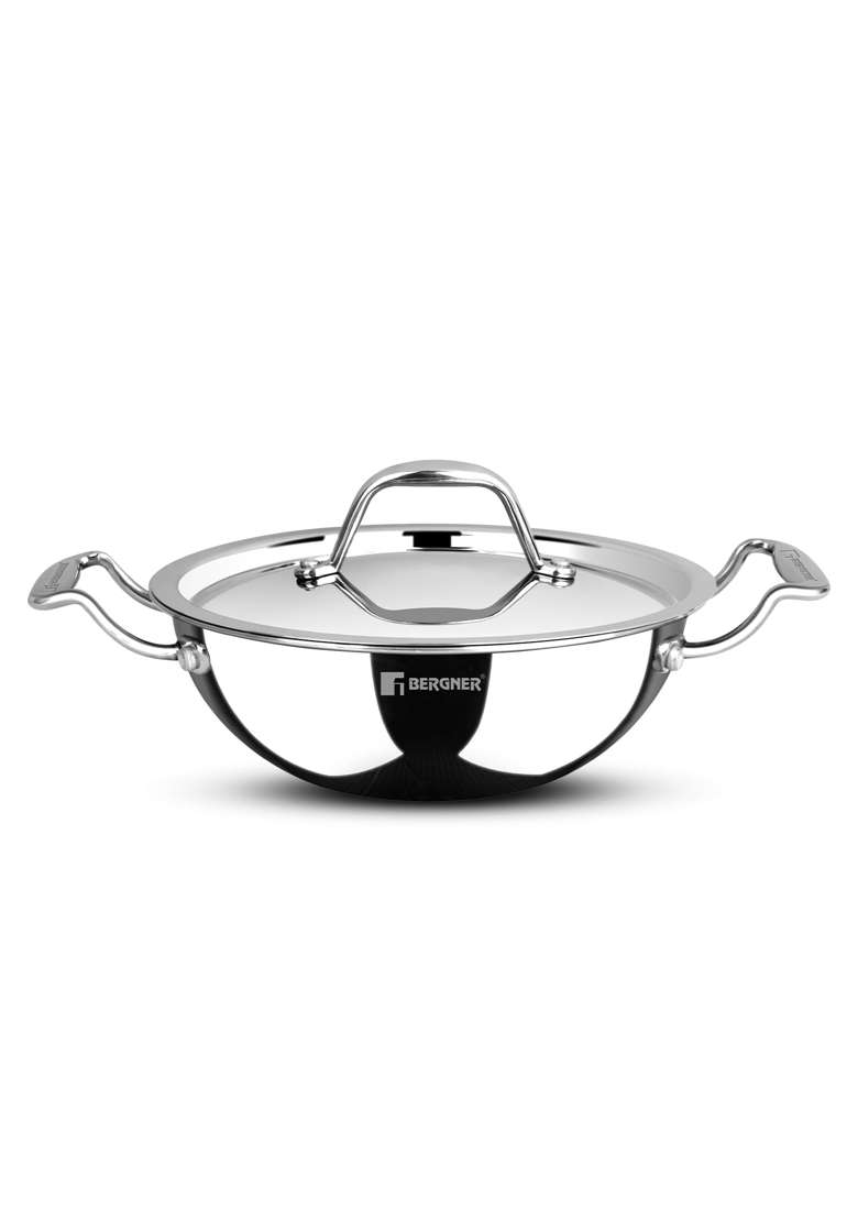 BERGNER Argent Junior Chef Triply Kadai Wok with Stainless Steel Lid | 1.5 L | 1.6 Qt | 18 cm | 7.1 Inch | Induction Compatible - Indya