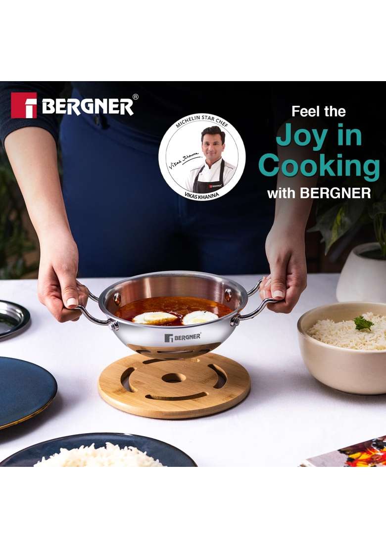 BERGNER Argent Junior Chef Triply Kadai Wok with Stainless Steel Lid | 1.5 L | 1.6 Qt | 18 cm | 7.1 Inch | Induction Compatible - Indya