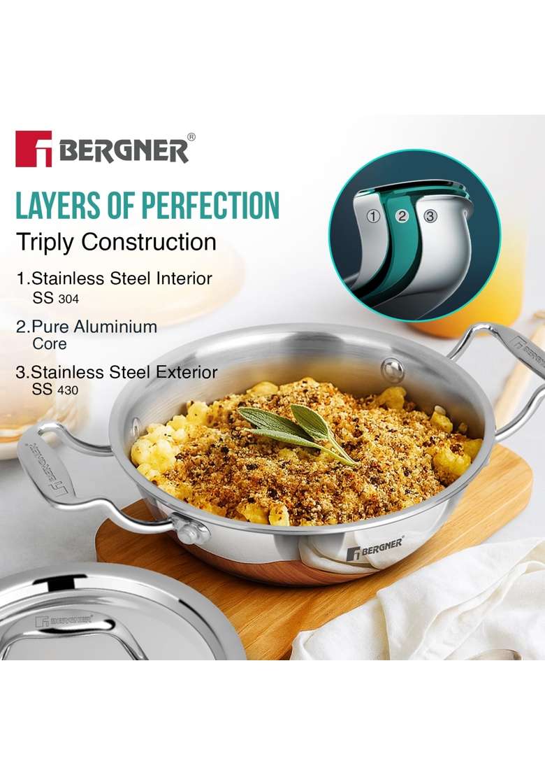 BERGNER Argent Junior Chef Triply Kadai Wok with Stainless Steel Lid | 1.5 L | 1.6 Qt | 18 cm | 7.1 Inch | Induction Compatible - Indya