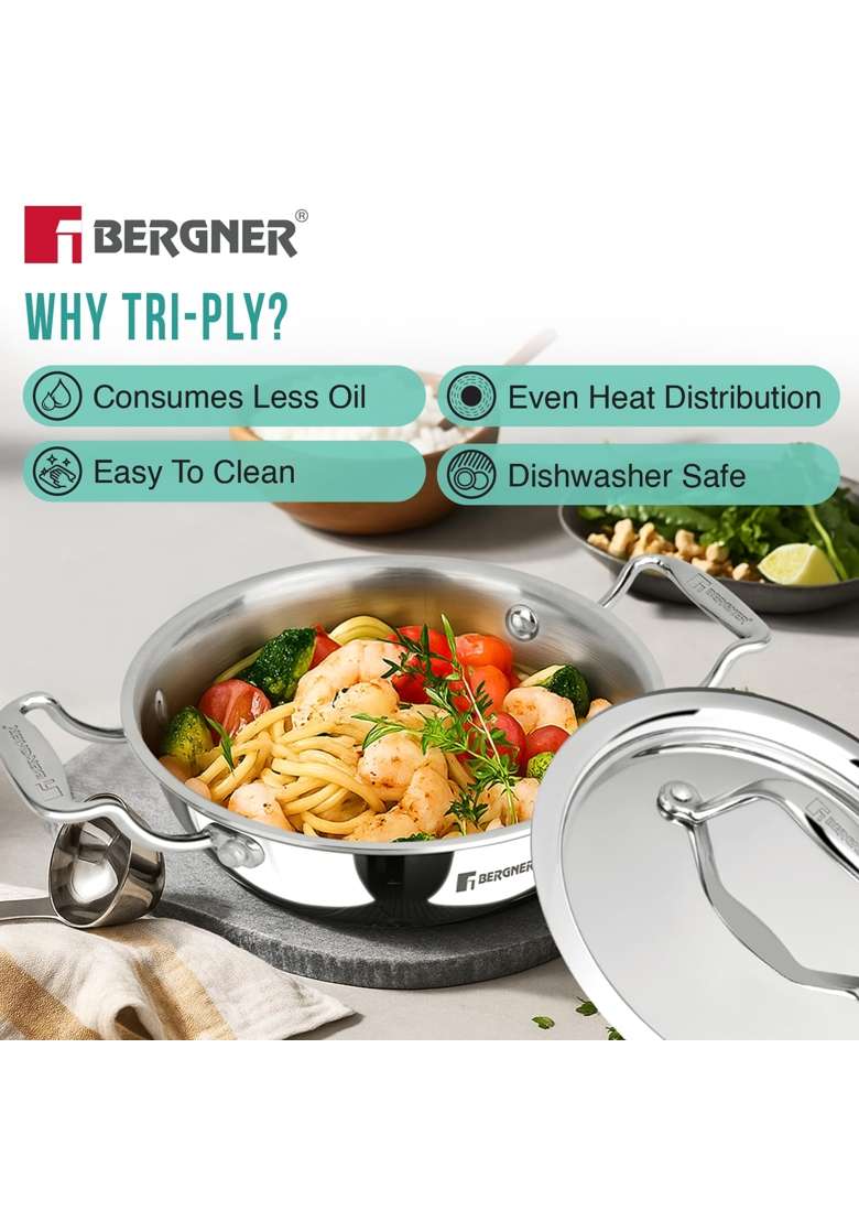 BERGNER Argent Junior Chef Triply Kadai Wok with Stainless Steel Lid | 1.5 L | 1.6 Qt | 18 cm | 7.1 Inch | Induction Compatible - Indya