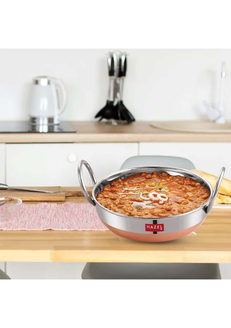 HAZEL Stainless Steel Kadai Wok with Copper Bottom | 1.8 L | 1.9 Qt - Indya
