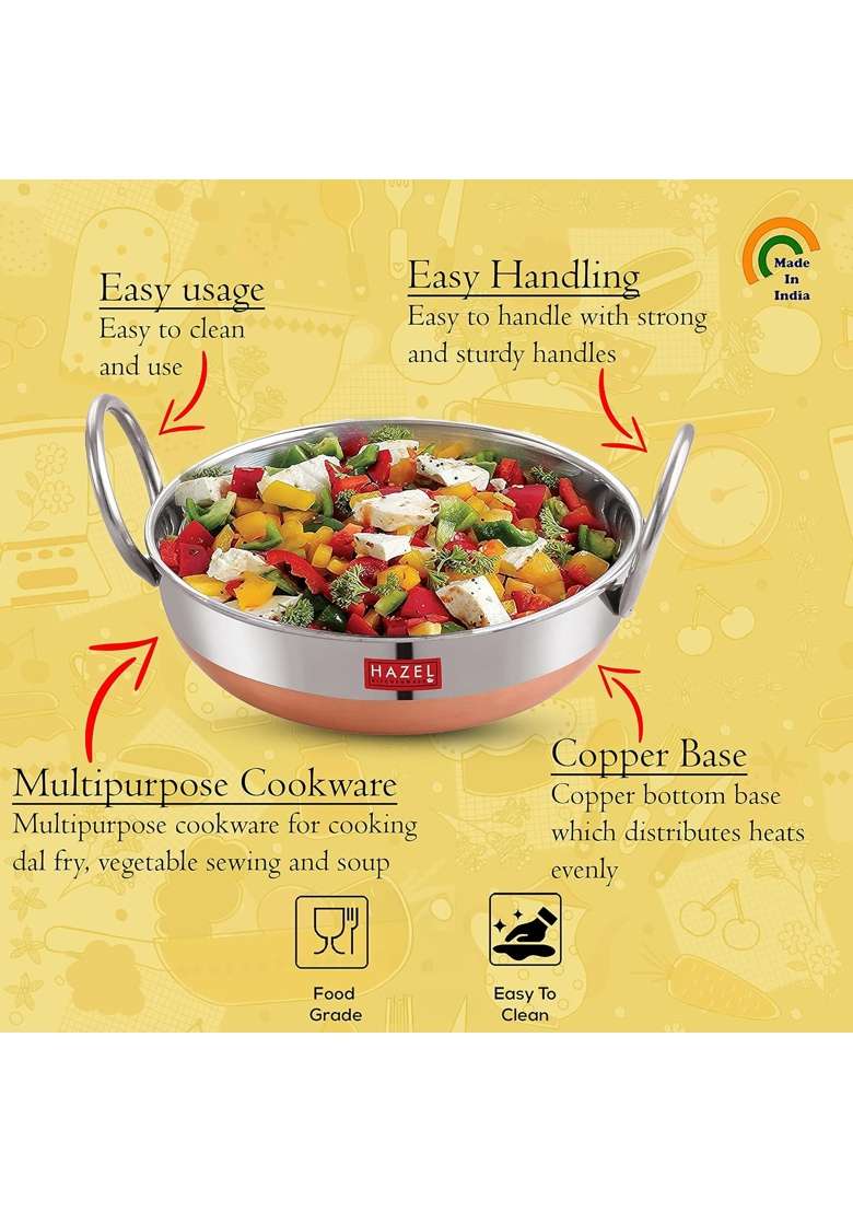 HAZEL Stainless Steel Kadai Wok with Copper Bottom | 1.8 L | 1.9 Qt - Indya