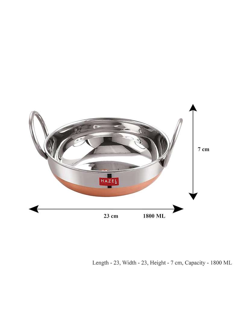 HAZEL Stainless Steel Kadai Wok with Copper Bottom | 1.8 L | 1.9 Qt - Indya