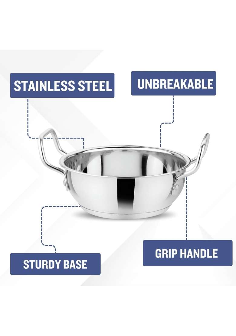 The Indian Aura Stainless Steel Kadhai Wok Without Lid | 3.5 L | 3.7 Qt | Induction Compatible - Indya