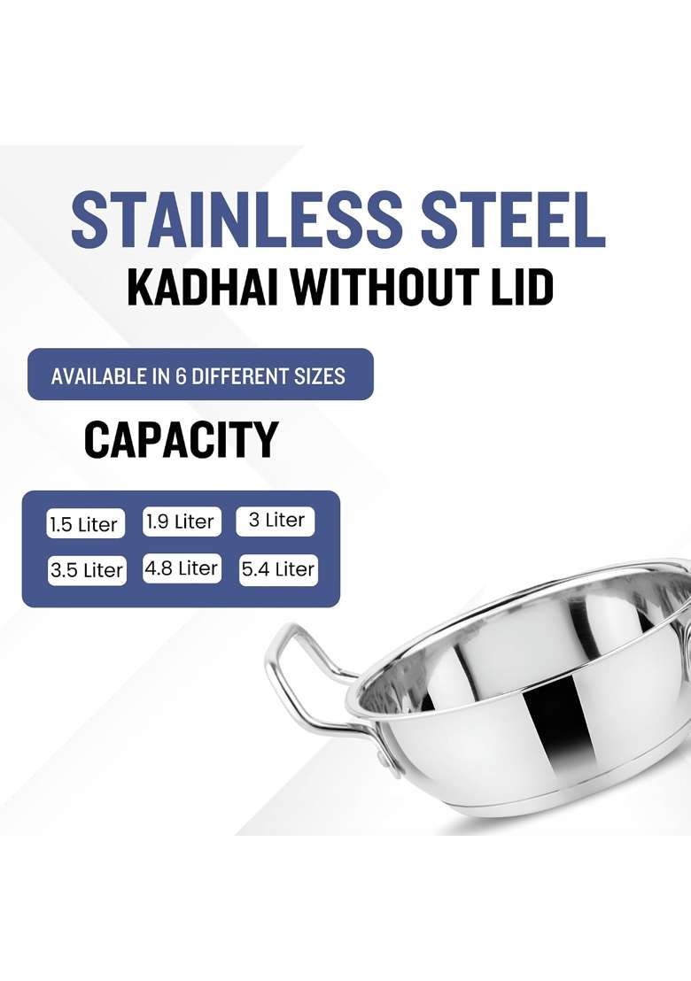 The Indian Aura Stainless Steel Kadhai Wok Without Lid | 3.5 L | 3.7 Qt | Induction Compatible - Indya