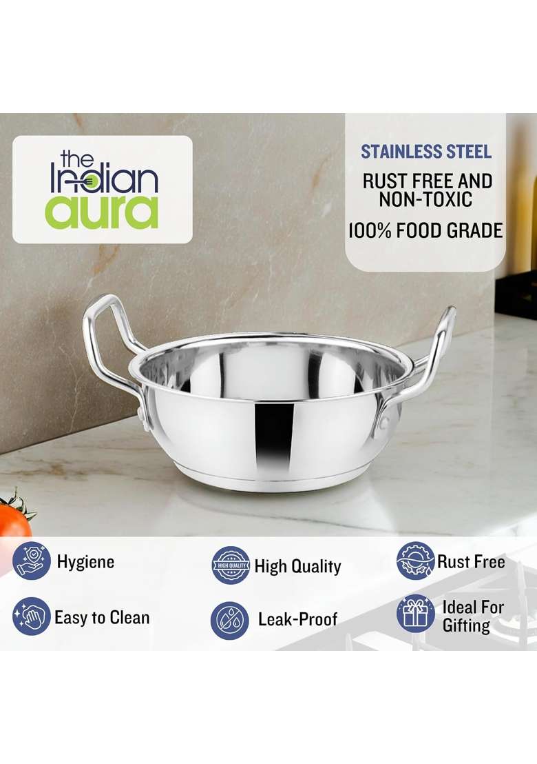 The Indian Aura Stainless Steel Kadhai Wok Without Lid | 3.5 L | 3.7 Qt | Induction Compatible - Indya
