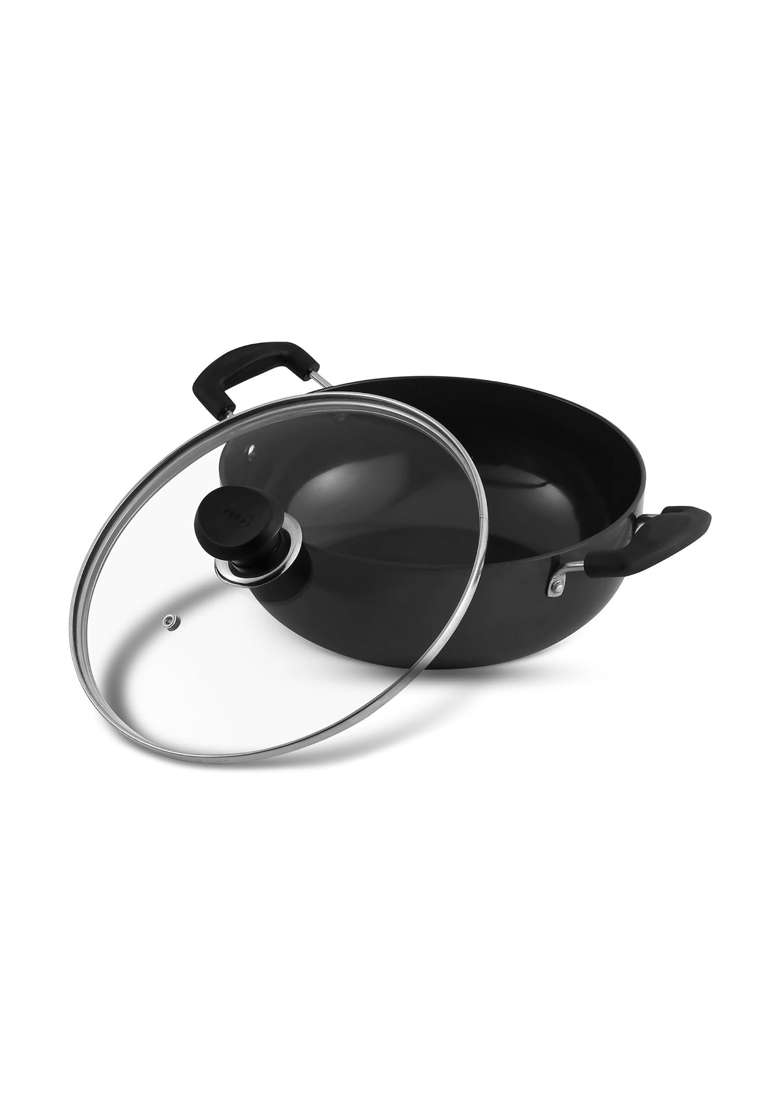 Vinod Black Pearl Hard Anodised Non-Stick Deep Kadhai Wok with Glass Lid | 1.6 L | 1.7 Qt | 18 cm | 7.1 Inch - Indya