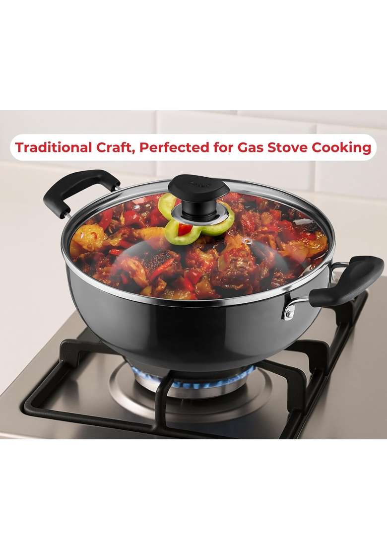 Vinod Black Pearl Hard Anodised Non-Stick Deep Kadhai Wok with Glass Lid | 1.6 L | 1.7 Qt | 18 cm | 7.1 Inch - Indya